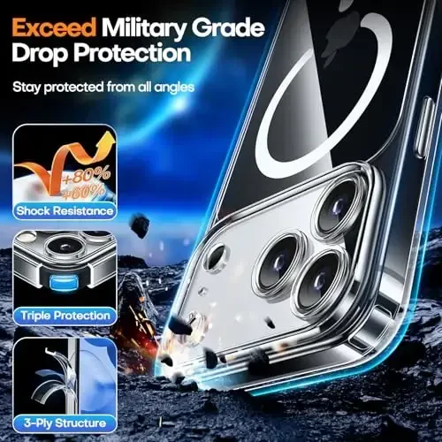 CANSHN iPhone 17 Pro uchun magnitli g‘ilof, tiniq, yangilangan [To‘liq kamera himoyasi] [Magsafe bilan mos] Sarğaymaydigan zarbga chidamli bamper telefon qopqog‘i 6.3 dyuym - Tiniq - 6