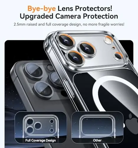 CANSHN iPhone 17 Pro uchun magnitli g‘ilof, tiniq, yangilangan [To‘liq kamera himoyasi] [Magsafe bilan mos] Sarğaymaydigan zarbga chidamli bamper telefon qopqog‘i 6.3 dyuym - Tiniq - 3