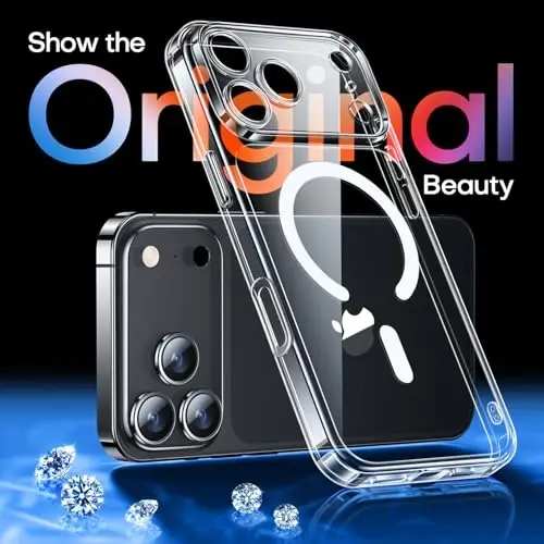 CANSHN iPhone 17 Pro uchun magnitli g‘ilof, tiniq, yangilangan [To‘liq kamera himoyasi] [Magsafe bilan mos] Sarğaymaydigan zarbga chidamli bamper telefon qopqog‘i 6.3 dyuym - Tiniq - 4