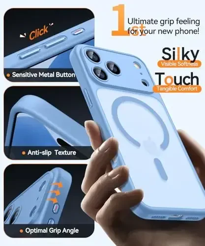 CANSHN iPhone 17 Pro uchun magnitli g'ilof, yangilangan [To'liq kamera himoyasi] [Magsafe bilan mos] [Yarim shaffof mat] Zarba o'tkazmaydigan himoya telefon qopqog'i 6.3 dyuym - och ko'k - 6