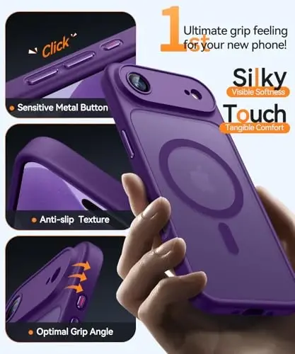 CANSHN iPhone Air Case (6.5 dyuym) bilan mos keladi, yangilangan [To'liq kamera himoyasi] [Magsafe bilan mos keladi] [Shaffof mat] iPhone 17 Air Case uchun zarbaga chidamli telefon qopqog'i, to'q binafsha - 7