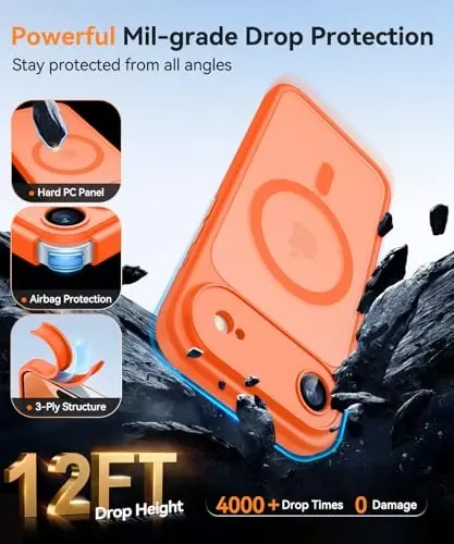 CANSHN iPhone Air Case (6.5 dyuym) bilan mos magnit, yangilangan [To'liq kamera himoyasi] [Magsafe bilan mos] [Yarim shaffof mat] iPhone 17 Air Case uchun zarbga chidamli telefon qopqog'i, to'q sariq - 6