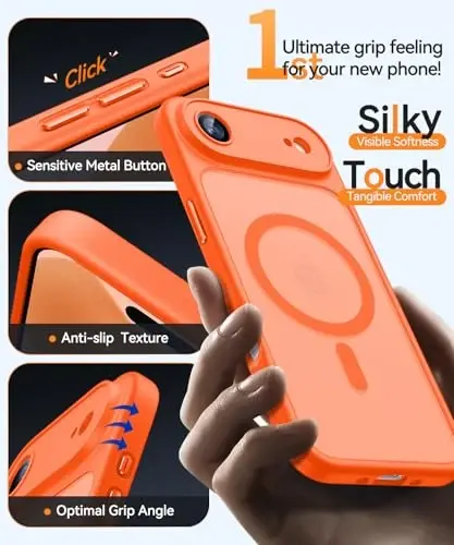 CANSHN iPhone Air Case (6.5 dyuym) bilan mos magnit, yangilangan [To'liq kamera himoyasi] [Magsafe bilan mos] [Yarim shaffof mat] iPhone 17 Air Case uchun zarbga chidamli telefon qopqog'i, to'q sariq - 7