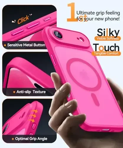 CANSHN Magnetic Compatible with iPhone Air Case(6.5 Inch), Upgraded [Full Camera Protection] [Compatible with Magsafe] [Translucent Matte] Shockproof Phone Cover for iPhone 17 Air Case,Hot Pink - 7
