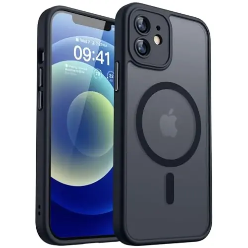 CANSHN Magnetic Compatible with iPhone 12 Case, Upgraded [Full Camera Protection] [Compatible with Magsafe] [Translucent Matte] Shockproof Protective Phone Case Cover 6.1 Inch - Black - 1