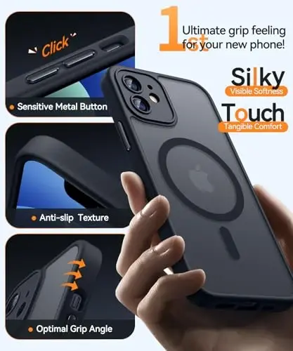 CANSHN Magnetic Compatible with iPhone 12 Case, Upgraded [Full Camera Protection] [Compatible with Magsafe] [Translucent Matte] Shockproof Protective Phone Case Cover 6.1 Inch - Black - 5