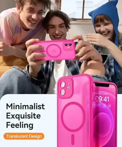 CANSHN Magnetic Compatible with iPhone 12 Case, Upgraded [Full Camera Protection] [Compatible with Magsafe] [Translucent Matte] Shockproof Protective Phone Case Cover 6.1 Inch - Hot Pink - 7