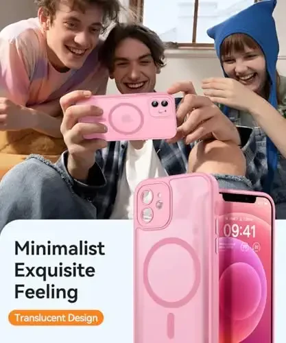 CANSHN Magnetic Compatible with iPhone 12 Case, Upgraded [Full Camera Protection] [Compatible with Magsafe] [Translucent Matte] Shockproof Protective Phone Case Cover 6.1 Inch - Pink - 7