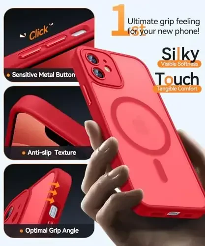CANSHN Magnetic Compatible with iPhone 12 Case, Upgraded [Full Camera Protection] [Compatible with Magsafe] [Translucent Matte] Shockproof Protective Phone Case Cover 6.1 Inch - Red - 5
