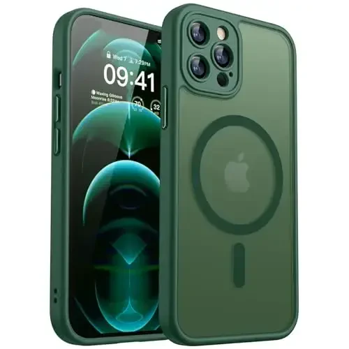 CANSHN Magnetic Compatible with iPhone 12 Pro Case, Upgraded [Full Camera Protection] [Compatible with Magsafe] [Translucent Matte] Shockproof Protective Phone Cover 6.1 Inch - Deep Green - 1