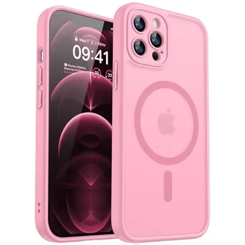 CANSHN Magnetic Compatible with iPhone 12 Pro Case, Upgraded [Full Camera Protection] [Compatible with Magsafe] [Translucent Matte] Shockproof Protective Phone Cover 6.1 Inch - Pink 