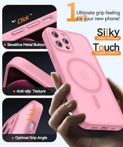 CANSHN Magnetic Compatible with iPhone 12 Pro Case, Upgraded [Full Camera Protection] [Compatible with Magsafe] [Translucent Matte] Shockproof Protective Phone Cover 6.1 Inch - Pink - 5