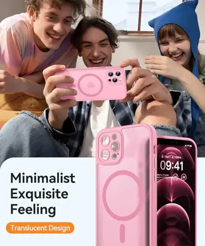 CANSHN Magnetic Compatible with iPhone 12 Pro Case, Upgraded [Full Camera Protection] [Compatible with Magsafe] [Translucent Matte] Shockproof Protective Phone Cover 6.1 Inch - Pink - 7