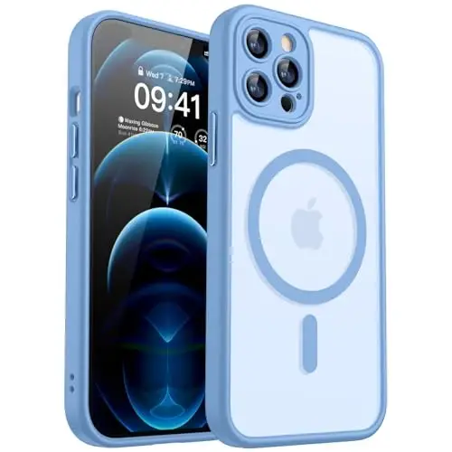 CANSHN Magnetic Compatible with iPhone 12 Pro Max Case, Upgraded [Full Camera Protection] [Compatible with Magsafe] [Translucent Matte] Shockproof Protective Phone Cover 6.7 Inch - Light Blue - 1