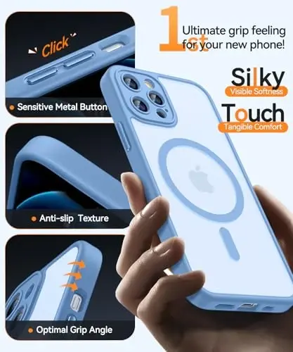 CANSHN Magnetic Compatible with iPhone 12 Pro Max Case, Upgraded [Full Camera Protection] [Compatible with Magsafe] [Translucent Matte] Shockproof Protective Phone Cover 6.7 Inch - Light Blue - 5
