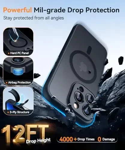 CANSHN Magnetic Compatible with iPhone 13 Pro Case, Upgraded [Full Camera Protection] [Compatible with Magsafe] [Translucent Matte] Shockproof Protective Phone Case Cover 6.1 Inch - Black - 6