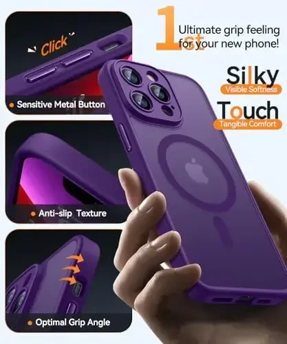 CANSHN Magnetic Compatible with iPhone 13 Pro Case, Upgraded [Full Camera Protection] [Compatible with Magsafe] [Translucent Matte] Shockproof Protective Phone Case Cover 6.1 Inch - Deep Purple - 5