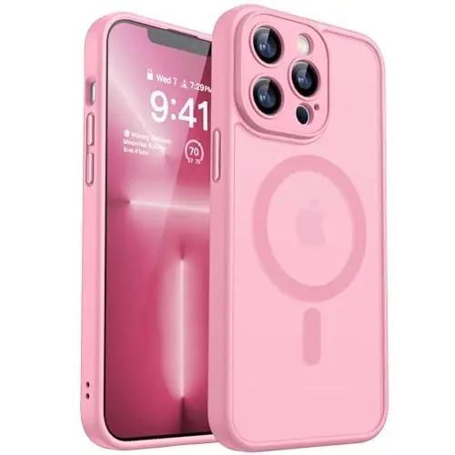 CANSHN Magnetic Compatible with iPhone 13 Pro Case, Upgraded [Full Camera Protection] [Compatible with Magsafe] [Translucent Matte] Shockproof Protective Phone Case Cover 6.1 Inch - Pink - 1