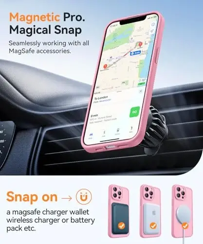 CANSHN Magnetic Compatible with iPhone 13 Pro Case, Upgraded [Full Camera Protection] [Compatible with Magsafe] [Translucent Matte] Shockproof Protective Phone Case Cover 6.1 Inch - Pink - 5