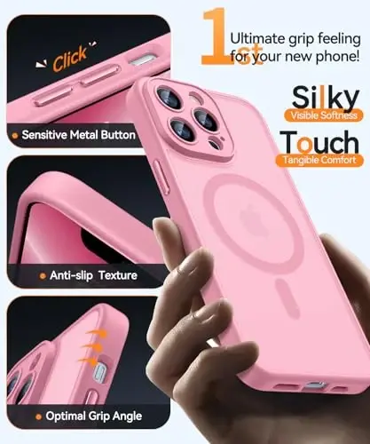 CANSHN Magnetic Compatible with iPhone 13 Pro Case, Upgraded [Full Camera Protection] [Compatible with Magsafe] [Translucent Matte] Shockproof Protective Phone Case Cover 6.1 Inch - Pink - 6