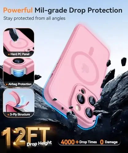 CANSHN Magnetic Compatible with iPhone 13 Pro Case, Upgraded [Full Camera Protection] [Compatible with Magsafe] [Translucent Matte] Shockproof Protective Phone Case Cover 6.1 Inch - Pink - 7
