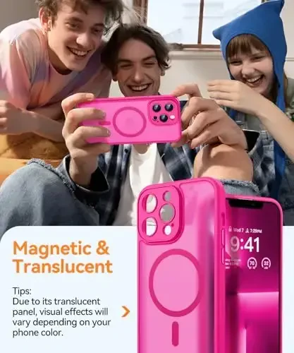 CANSHN Magnetic Compatible with iPhone 13 Pro Max Case, Upgraded [Full Camera Protection] [Compatible with Magsafe] [Translucent Matte] Shockproof Protective Phone Case Cover 6.7 Inch - Hot Pink - 3
