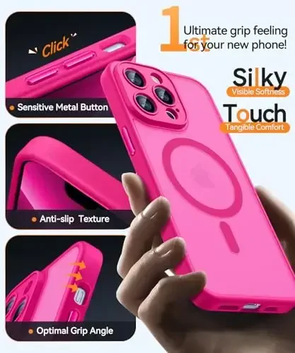 CANSHN Magnetic Compatible with iPhone 13 Pro Max Case, Upgraded [Full Camera Protection] [Compatible with Magsafe] [Translucent Matte] Shockproof Protective Phone Case Cover 6.7 Inch - Hot Pink - 6
