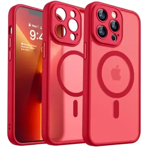 CANSHN Magnetic Compatible with iPhone 13 Pro Max Case, Upgraded [Full Camera Protection] [Compatible with Magsafe] [Translucent Matte] Shockproof Protective Phone Case Cover 6.7 Inch - Red - 1