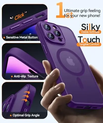 CANSHN Magnetic Compatible with iPhone 14 Pro Case, Upgraded [Full Camera Protection] [Compatible with Magsafe] [Translucent Matte] Shockproof Protective Phone Case Cover 6.1 Inch - Deep Purple - 5