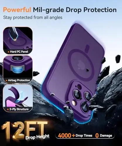 CANSHN Magnetic Compatible with iPhone 14 Pro Case, Upgraded [Full Camera Protection] [Compatible with Magsafe] [Translucent Matte] Shockproof Protective Phone Case Cover 6.1 Inch - Deep Purple - 6