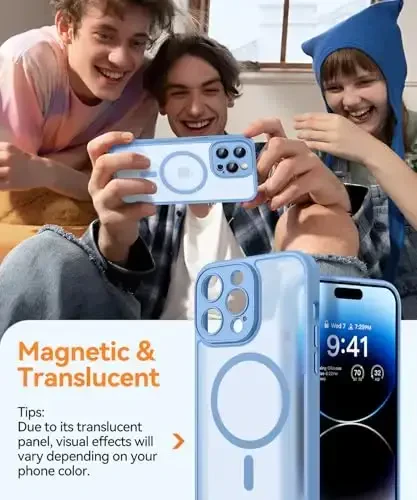 CANSHN Magnetic Compatible with iPhone 14 Pro Case, Upgraded [Full Camera Protection] [Compatible with Magsafe] [Translucent Matte] Shockproof Protective Phone Case Cover 6.1 Inch - Light Blue - 3