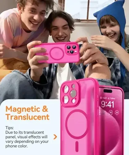 CANSHN Magnetic Compatible with iPhone 15 Pro Case, Upgraded [Full Camera Protection] [Compatible with Magsafe] [Translucent Matte] Shockproof Protective Phone Case Cover 6.1 Inch - Hot Pink - 3