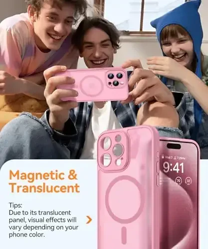 CANSHN Magnetic Compatible with iPhone 15 Pro Case, Upgraded [Full Camera Protection] [Compatible with Magsafe] [Translucent Matte] Shockproof Protective Phone Case Cover 6.1 Inch - Pink - 3