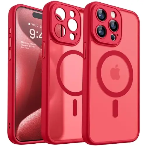 CANSHN Magnetic Compatible with iPhone 15 Pro Case, Upgraded [Full Camera Protection] [Compatible with Magsafe] [Translucent Matte] Shockproof Protective Phone Case Cover 6.1 Inch - Red 