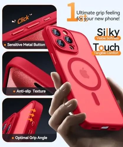 CANSHN Magnetic Compatible with iPhone 15 Pro Case, Upgraded [Full Camera Protection] [Compatible with Magsafe] [Translucent Matte] Shockproof Protective Phone Case Cover 6.1 Inch - Red - 6