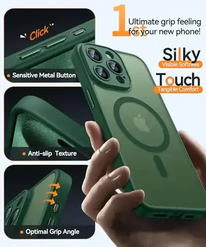 CANSHN Magnetic Compatible with iPhone 15 Pro Max Case, Upgraded [Full Camera Protection] [Compatible with Magsafe] [Translucent Matte] Shockproof Protective Phone Case Cover 6.7 Inch - Deep Green - 5