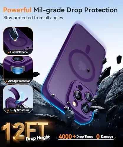 CANSHN Magnetic Compatible with iPhone 15 Pro Max Case, Upgraded [Full Camera Protection] [Compatible with Magsafe] [Translucent Matte] Shockproof Protective Phone Case Cover 6.7 Inch - Deep Purple - 6