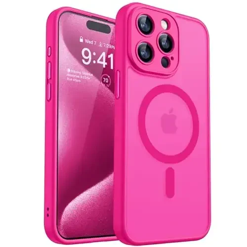 CANSHN Magnetic Compatible with iPhone 15 Pro Max Case, Upgraded [Full Camera Protection] [Compatible with Magsafe] [Translucent Matte] Shockproof Protective Phone Case Cover 6.7 Inch - Hot Pink - 1