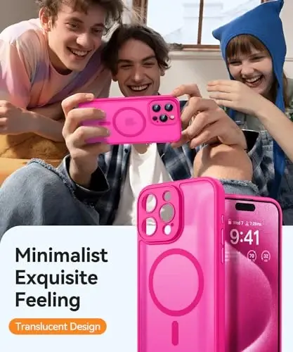 CANSHN Magnetic Compatible with iPhone 15 Pro Max Case, Upgraded [Full Camera Protection] [Compatible with Magsafe] [Translucent Matte] Shockproof Protective Phone Case Cover 6.7 Inch - Hot Pink - 7
