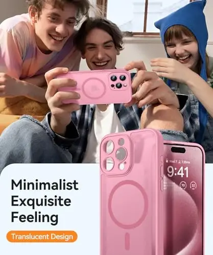 CANSHN Magnetic Compatible with iPhone 15 Pro Max Case, Upgraded [Full Camera Protection] [Compatible with Magsafe] [Translucent Matte] Shockproof Protective Phone Case Cover 6.7 Inch - Pink - 7