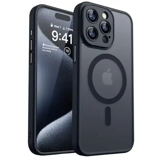 CANSHN Magnetic Compatible with iPhone 15 Pro Max Case, Upgraded [Full Camera Protection] [Compatible with Magsafe] [Translucent Matte] Shockproof Protective Phone Case Cvoer 6.7 Inch - Black - 1