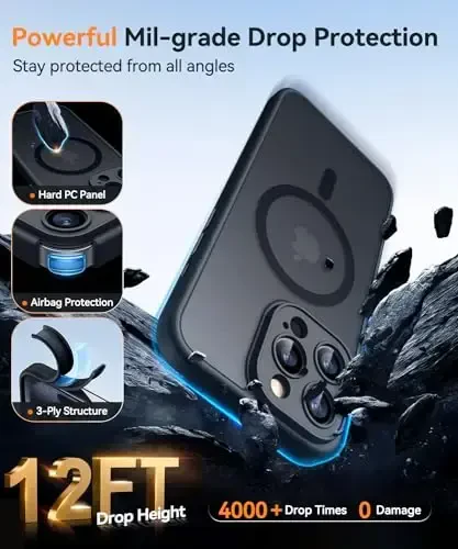 CANSHN Magnetic Compatible with iPhone 15 Pro Max Case, Upgraded [Full Camera Protection] [Compatible with Magsafe] [Translucent Matte] Shockproof Protective Phone Case Cvoer 6.7 Inch - Black - 6