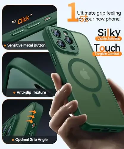 CANSHN Magnetic Compatible with iPhone 16 Pro Case, Upgraded [Full Camera Protection] [Compatible with Magsafe] [Translucent Matte] Shockproof Protective Phone Case Cover 6.3 Inch - Deep Green - 5