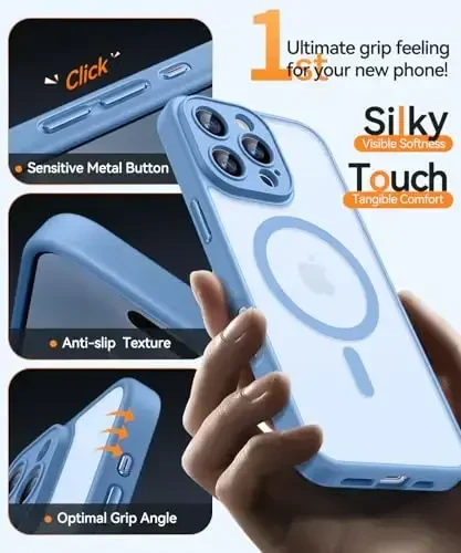 CANSHN Magnetic Compatible with iPhone 16 Pro Case, Upgraded [Full Camera Protection] [Compatible with Magsafe] [Translucent Matte] Shockproof Protective Phone Case Cover 6.3 Inch - Light Blue - 6