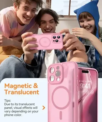 CANSHN Magnetic Compatible with iPhone 16 Pro Case, Upgraded [Full Camera Protection] [Compatible with Magsafe] [Translucent Matte] Shockproof Protective Phone Case Cover 6.3 Inch - Pink - 3