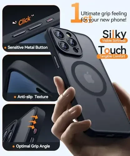CANSHN Magnetic Compatible with iPhone 16 Pro Max Case, Upgraded [Full Camera Protection] [Compatible with Magsafe] [Translucent Matte] Shockproof Protective Phone Case Cover 6.9 Inch - Black - 5