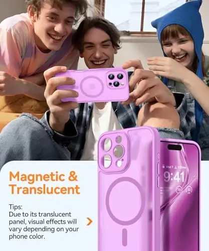 CANSHN Magnetic Compatible with iPhone 16 Pro Max Case, Upgraded [Full Camera Protection] [Compatible with Magsafe] [Translucent Matte] Shockproof Protective Phone Cover 6.9 Inch - Pinkish Purple - 3