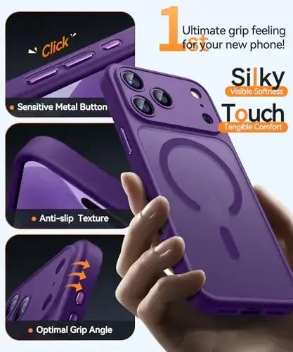 CANSHN Magnetic Compatible with iPhone 17 Pro Case, Upgraded [Full Camera Protection] [Compatible with Magsafe] [Translucent Matte] Shockproof Protective Phone Cover 6.3 Inch - Deep Purple - 5