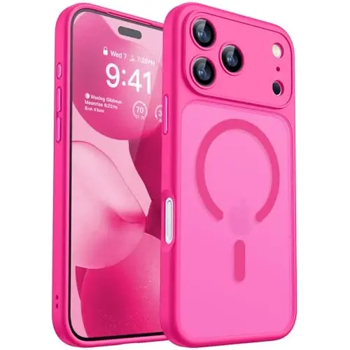 CANSHN Magnetic Compatible with iPhone 17 Pro Case, Upgraded [Full Camera Protection] [Compatible with Magsafe] [Translucent Matte] Shockproof Protective Phone Cover 6.3 Inch - Hot Pink - 1