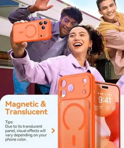 CANSHN Magnetic Compatible with iPhone 17 Pro Case, Upgraded [Full Camera Protection] [Compatible with Magsafe] [Translucent Matte] Shockproof Protective Phone Cover 6.3 Inch - Orange - 3